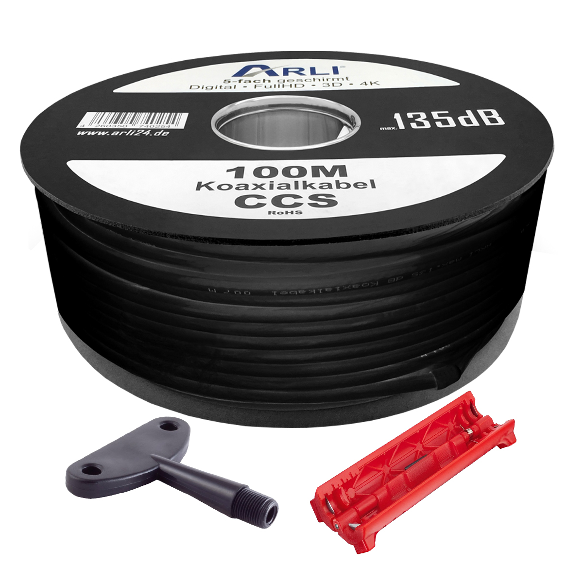 100m Koaxialkabel  schwarz 135 dB + Montage Werkzeug Set Kabel 135dB satelliten kabel digitaltauglich konfektionierte TV-Kabel DVB-S DVB-C DVB-T 4-fach 5fach schirmung meterware verlegekabel Adapter doppel schüssel 130db 120db 110db Weiß Internetanschluss