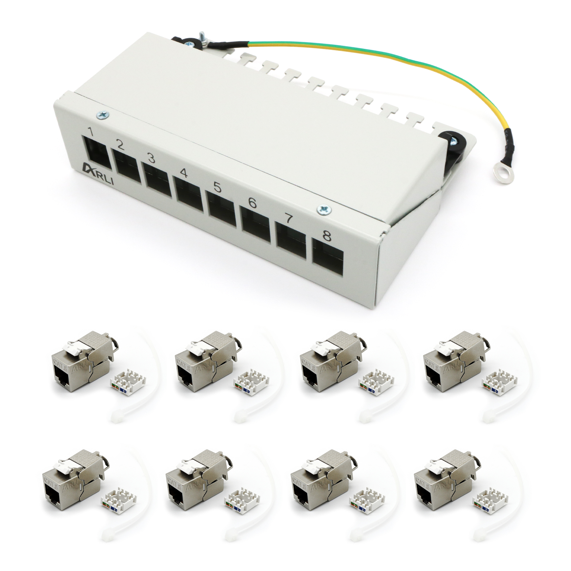 ARLI patch panel incl. 8× moduli Keystone Cat8.1 – alloggiamento patch a 8 porte grigio chiaro