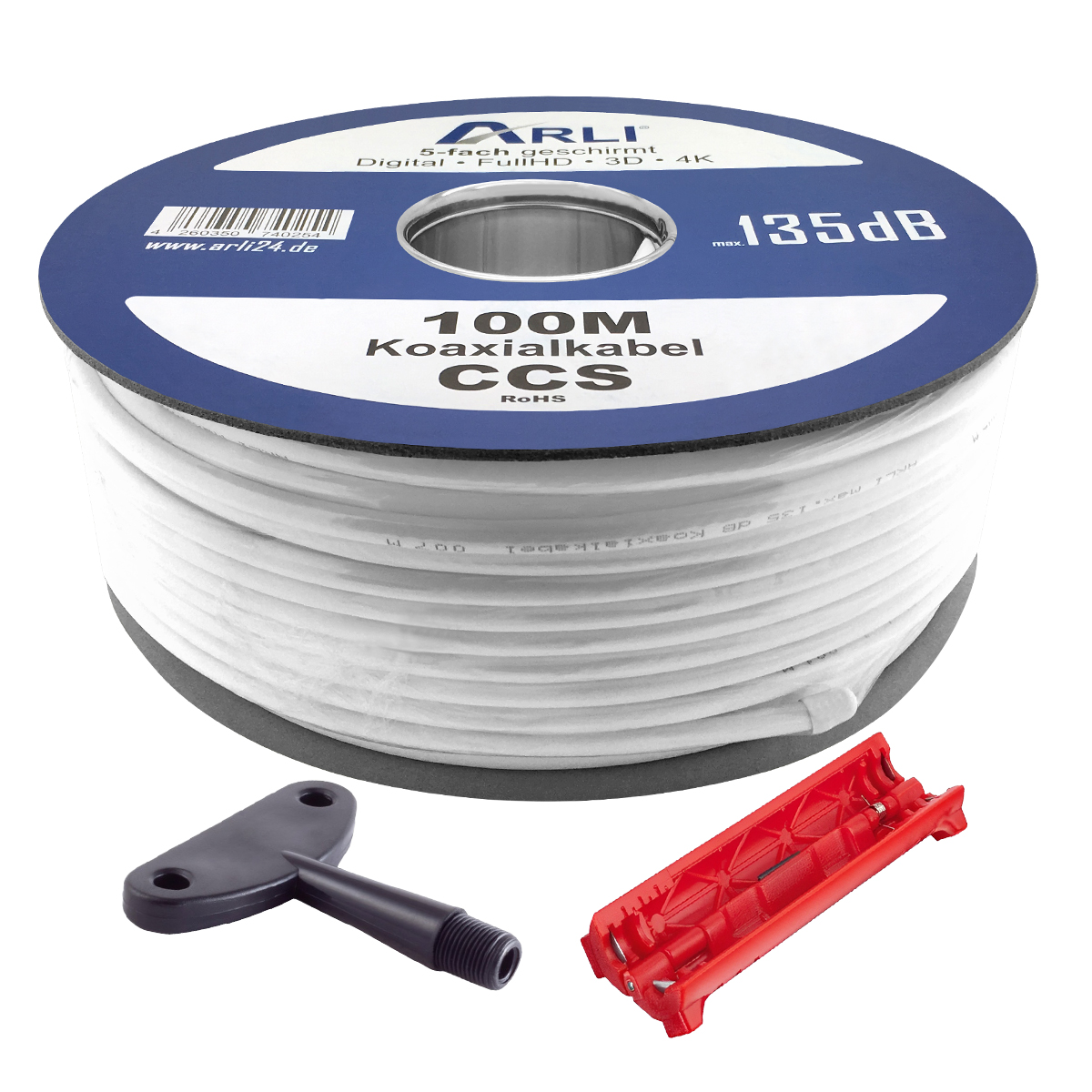 100m ARLI Koaxialkabel max. 135dB + Montage Werkzeug-Set Kabel 135dB satelliten kabel digitaltauglich konfektionierte TV-Kabel DVB-S DVB-C DVB-T 4-fach 5fach schirmung meterware verlegekabel Adapter doppel schüssel 130db 120db 110db Weiß Internetanschluss