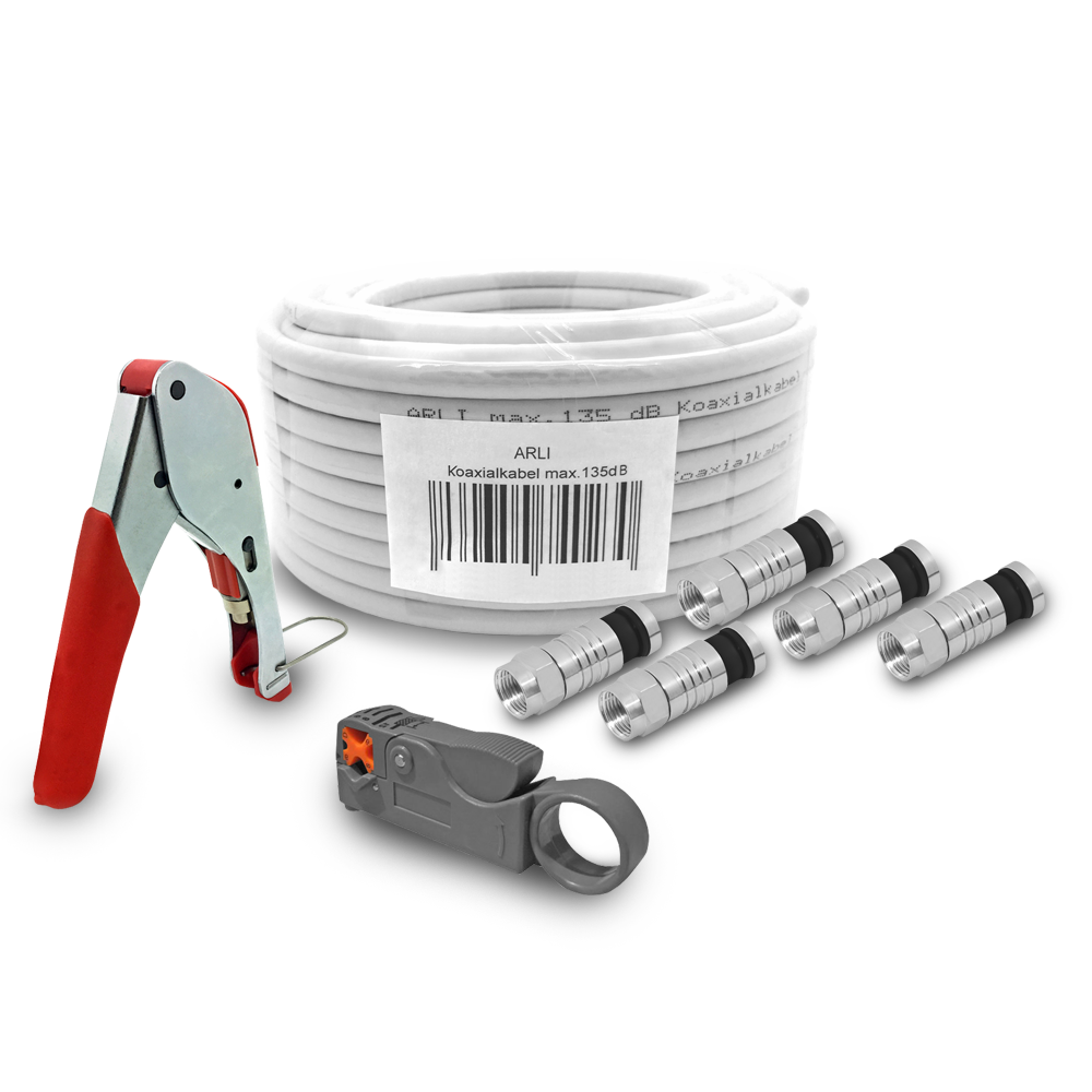 ARLI Cavo coassiale 50m max. 135dB + Pinza a compressione compatta + Spellafili + 10x Connettori