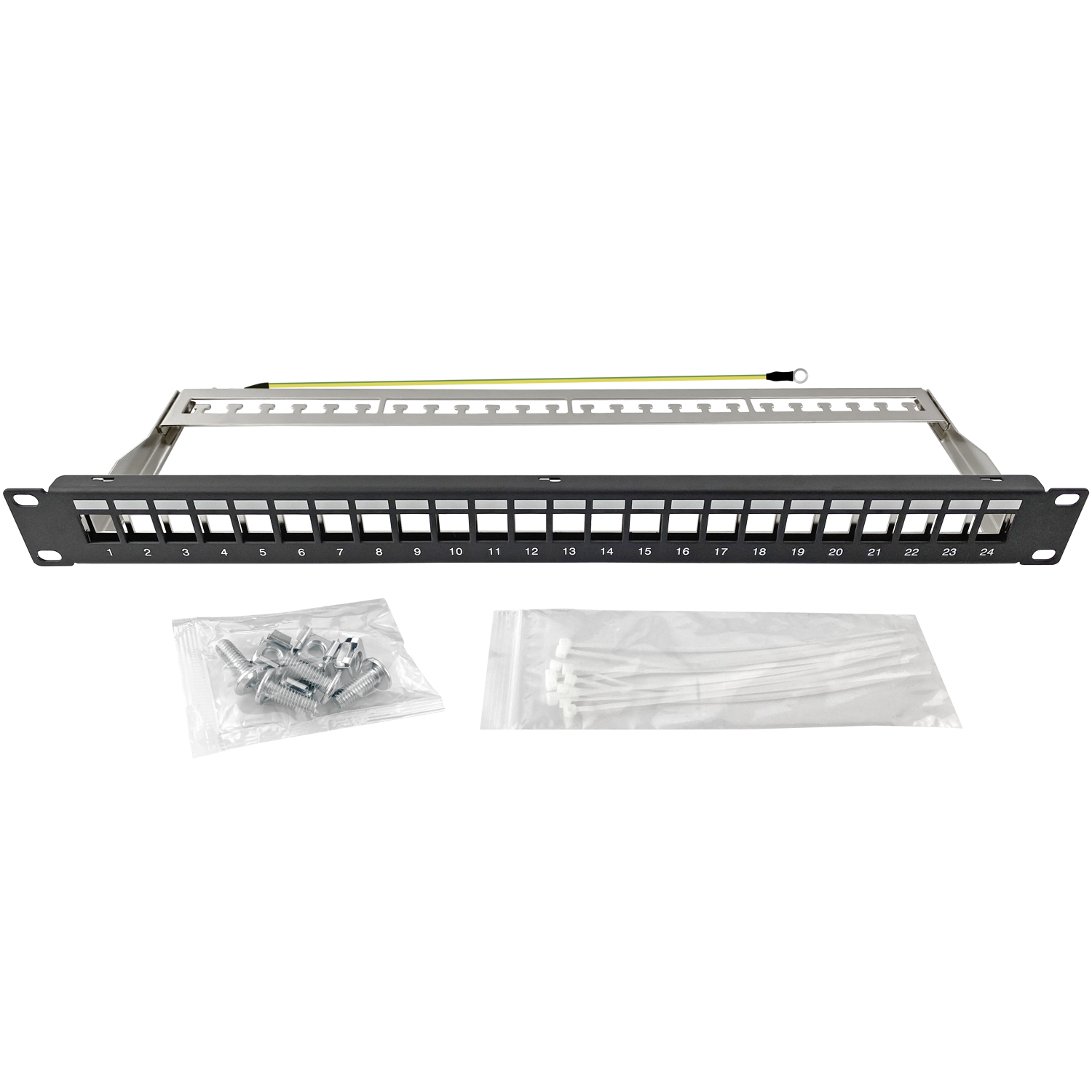 ARLI patch panel 19" pannello di distribuzione 24 porte vuoto 1U schermato con gestione cavi per moduli Keystone Jack