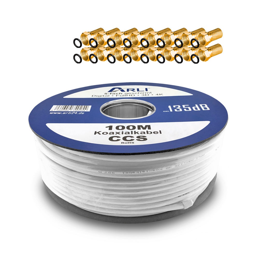 100m ARLI Koaxialkabel max. 135dB + 100x F-Stecker vergoldet Kabel 135dB satelliten kabel digitaltauglich konfektionierte TV-Kabel DVB-S DVB-C DVB-T 4-fach 5fach schirmung meterware verlegekabel Adapter doppel schüssel 130db 120db 110db Weiß Internetansch