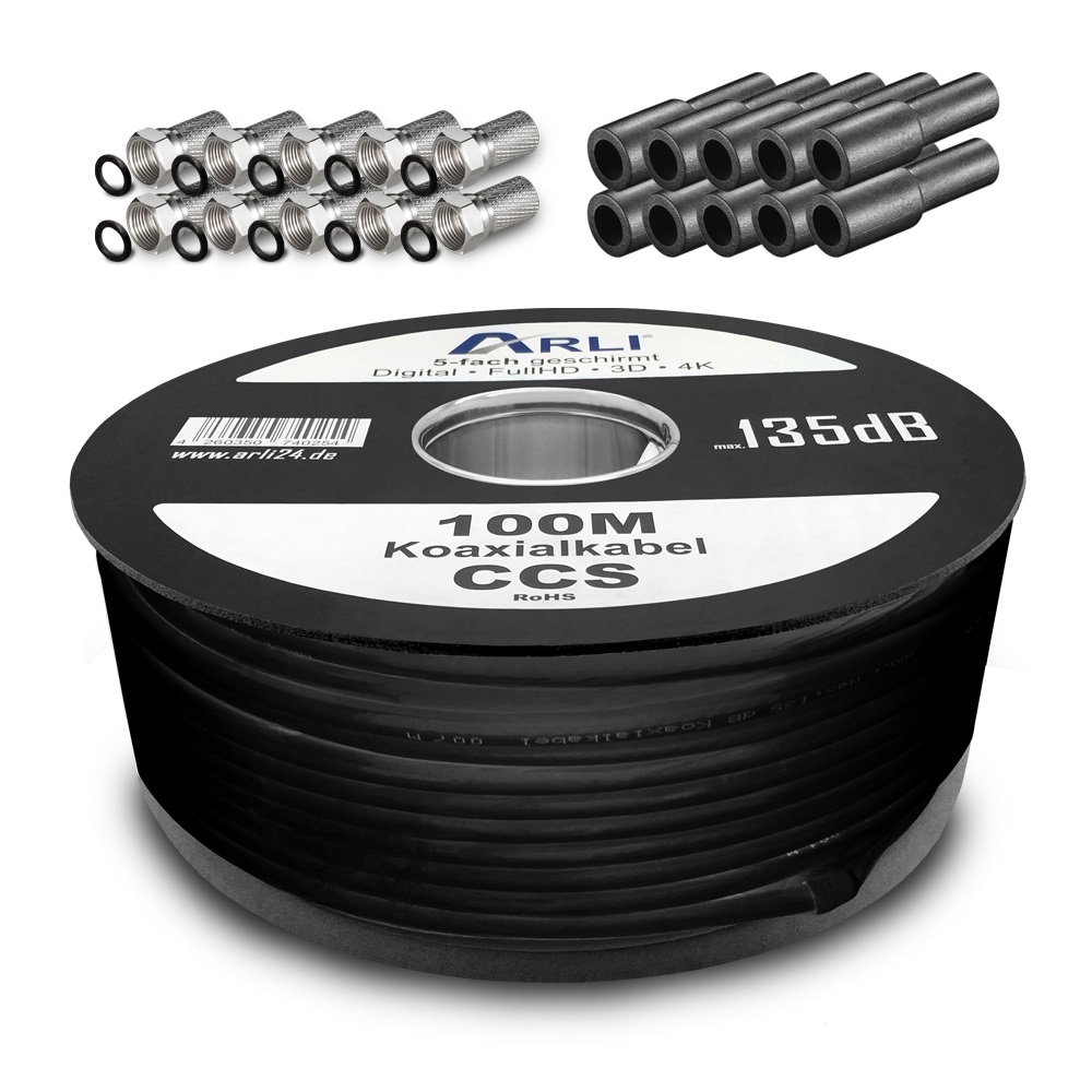 100m Koaxialkabel schwarz 135 dB 10x F Stecker + Gummitülle Kabel 135dB satelliten kabel digitaltauglich konfektionierte TV-Kabel DVB-S DVB-C DVB-T 4-fach 5fach schirmung meterware verlegekabel Adapter doppel schüssel 130db 120db 110db Weiß Internetanschl