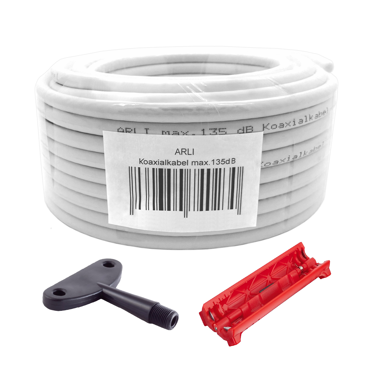 50m ARLI Koaxialkabel max. 135dB + Montage Werkzeug-Set Kabel 135dB satelliten kabel digitaltauglich konfektionierte TV-Kabel DVB-S DVB-C DVB-T 4-fach 5fach schirmung meterware verlegekabel Adapter doppel schüssel 130db 120db 110db Weiß Internetanschluss